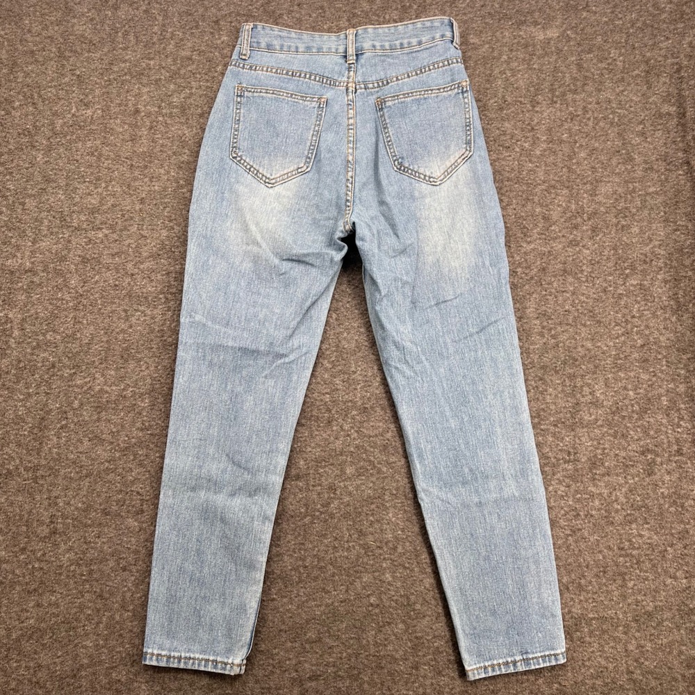 SHEIN Womens High Waisted Distressed Mom Jeans Light Wash Blue Ripped XS Crop - Picture 5 of 14